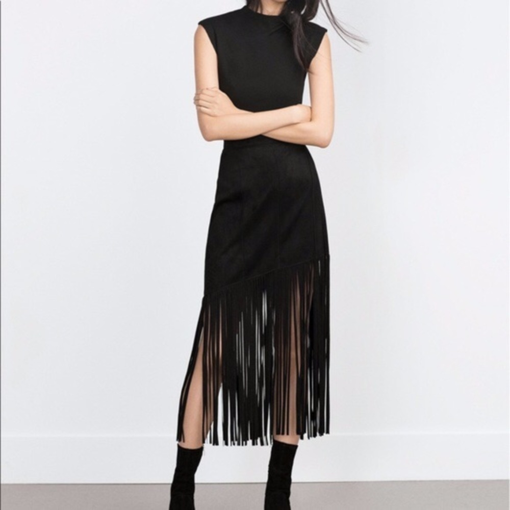 Zara woman faux suede fringe black skirt medium